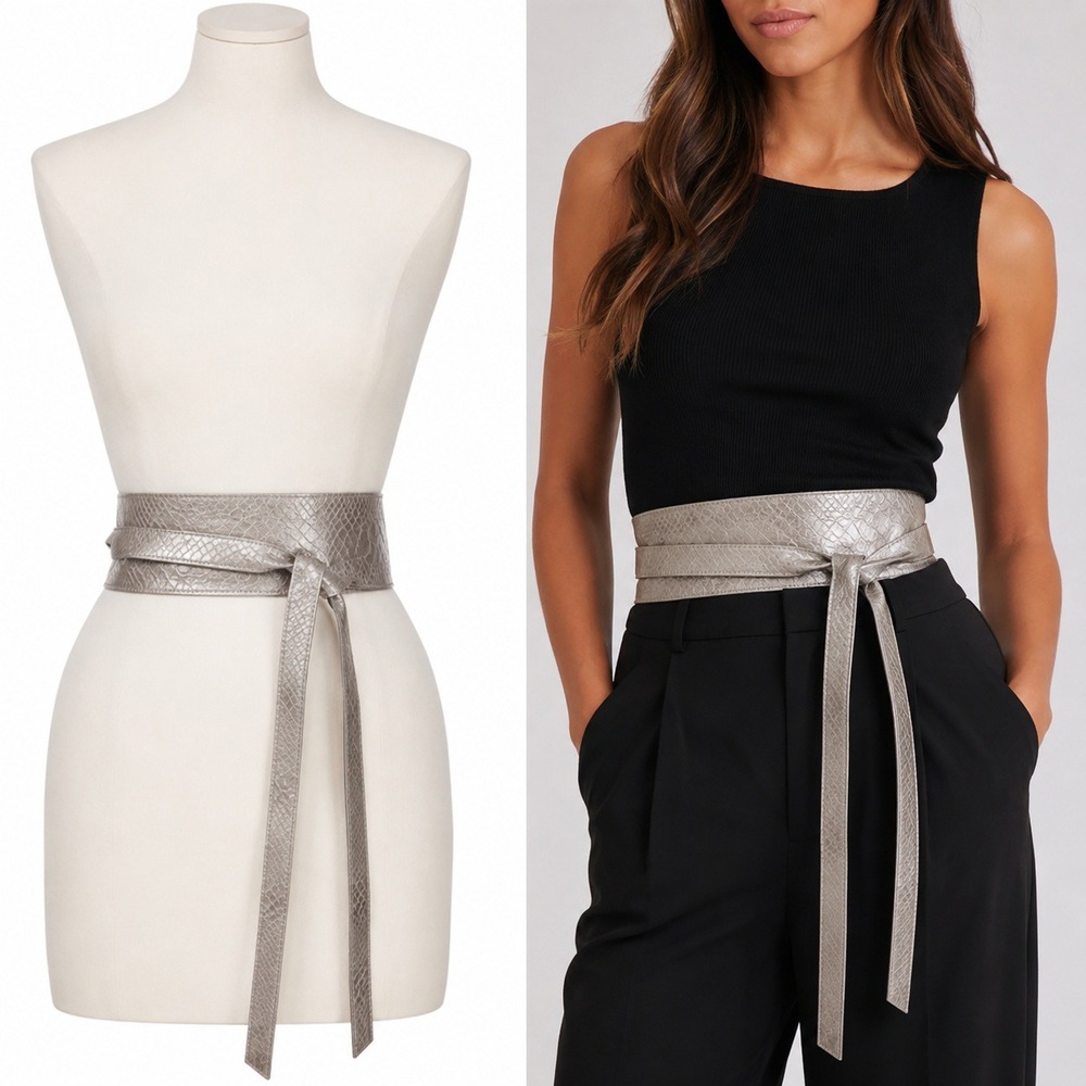 G.I.L.I. Leather Obi Wrap Belt XS S Silver Reversible Snakeskin Emboss Metallic